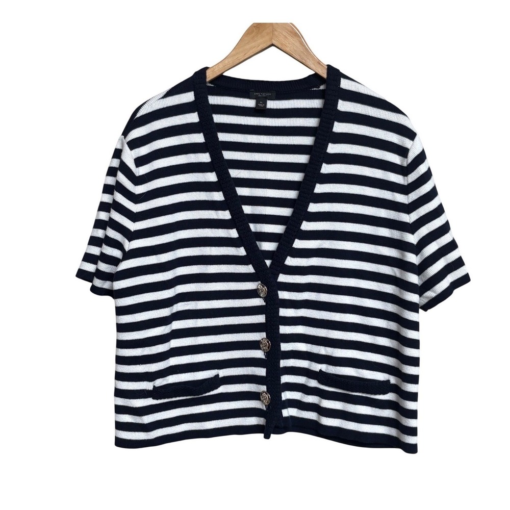 Ann Taylor Factory Navy Blue White Striped Short Sleeve Cardigan Sweater XL